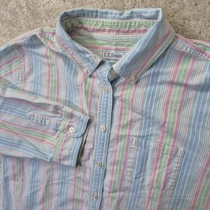LL Bean Button Down Shirt Womens Large Stripe Pastel 3/4 Sleeve Easter Mature